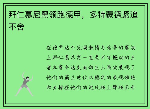 拜仁慕尼黑领跑德甲，多特蒙德紧追不舍